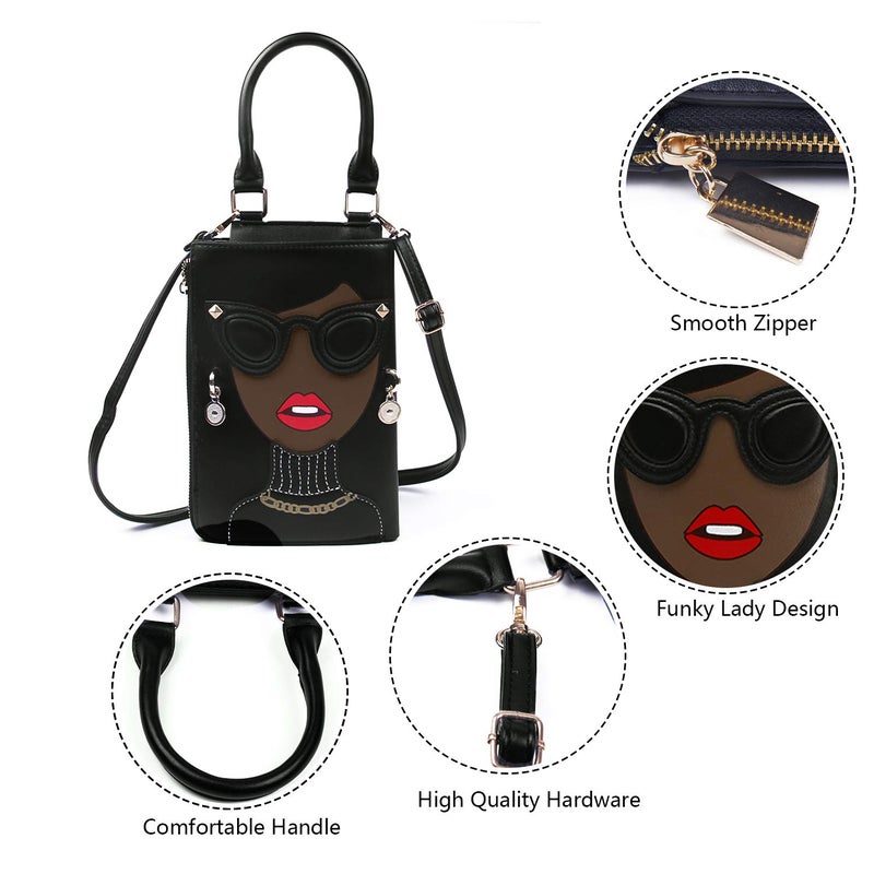 KUANG! Women Novelty Lady Face Shoulder Bags Funky PU Leather Top Handle Satchel Handbags Clutch Purse for Women - Image 5